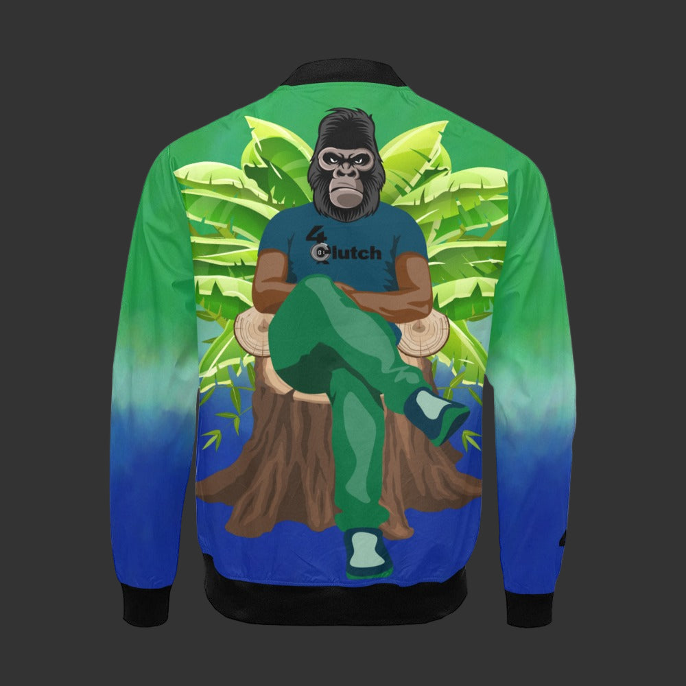 Jacket with a gorilla graphic on the back, set against a tropical leaf background.